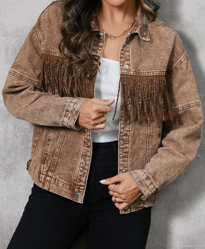 Casual Clothes For Women Fringe Trim Denim Western Jacket