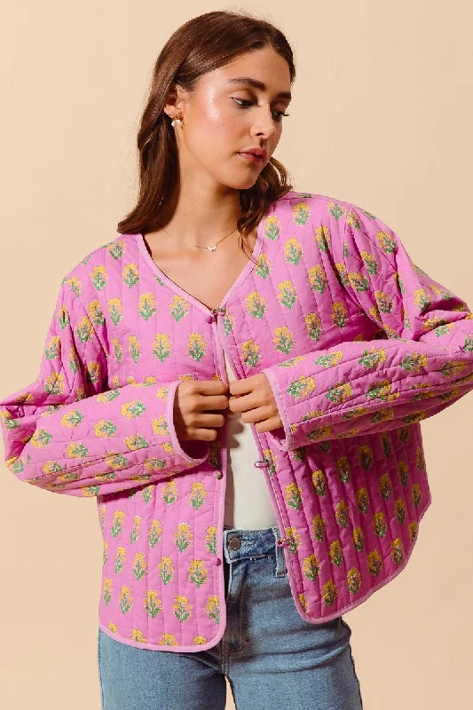 Modern Women's Outfit Floral Print Quilted Jacket