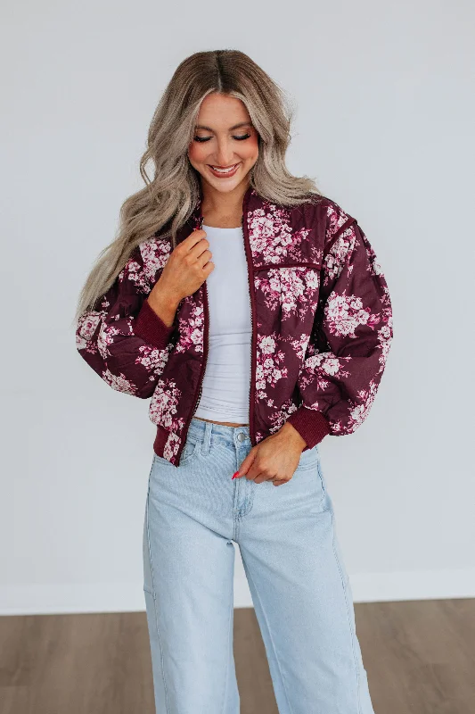 Charming Women's Garments Dasha Quilted Bomber Jacket - Wine