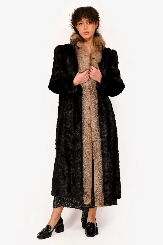 Women's Vacation Outfit Set Vintage Black Mink & Fox Fur Coat Size 6