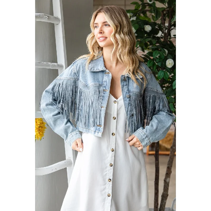 Stylish Outerwear Clothing For Women Fringed Denim Jacket