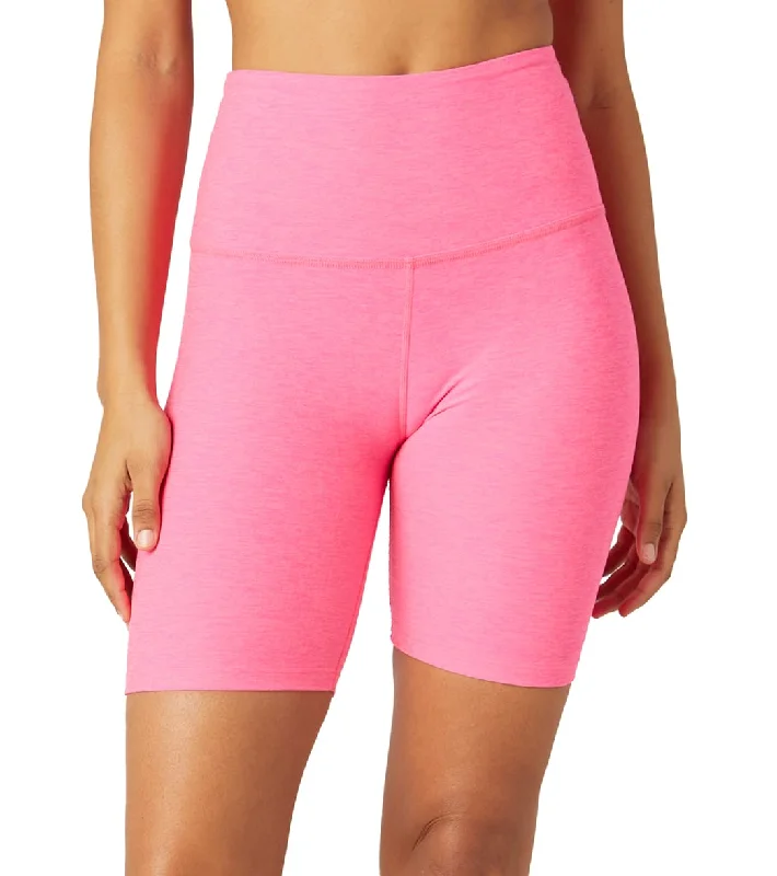 Fashionable Women's Outfit Beyond Yoga Spacedye High Waisted Biker Yoga Shorts Electric Pink Heather