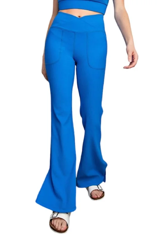 Comfortable Women's Attire Nylon Rib V Waist Crossover Flared Leggings In Electric Blue