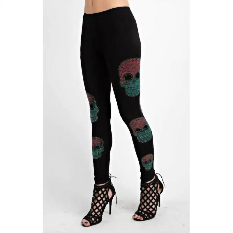 Modern Women's Outfit Rhinestone Sugar Skulls Leggings In Black