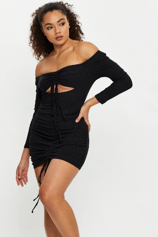 Women's Outfit Black Drawstring Cut Out Dress