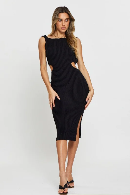 High-Fashion Women's Clothing Black Knit Dress Midi