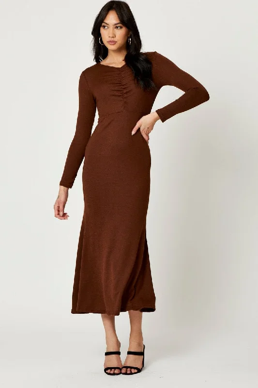 Women's Outerwear Apparel Brown Gathered Front Midi Dress