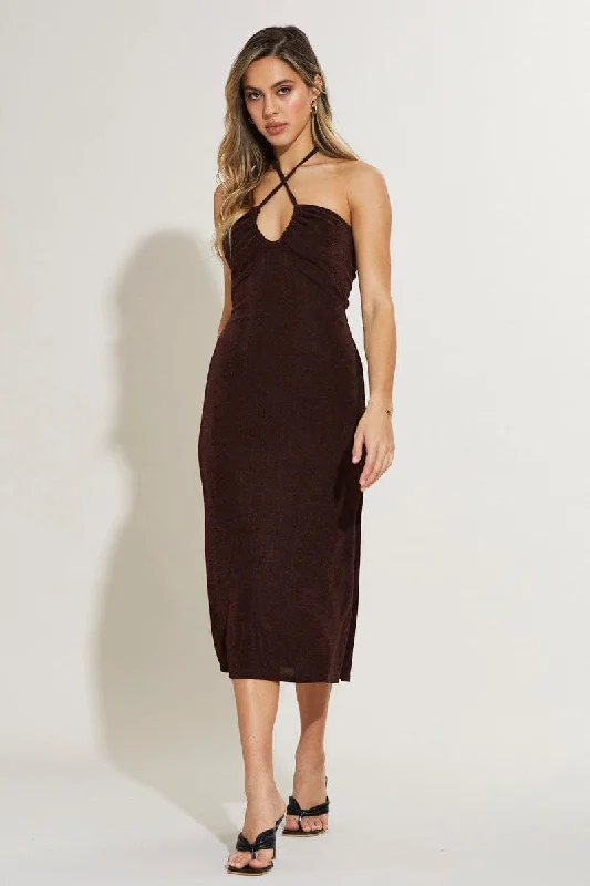 Women's Casual Apparel For Weekends Brown Midi Dress Keyhole