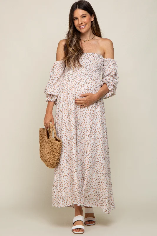 Women's Clothing For Travel Cream Floral Square Neck Smocked Long Sleeve Maternity Maxi Dress