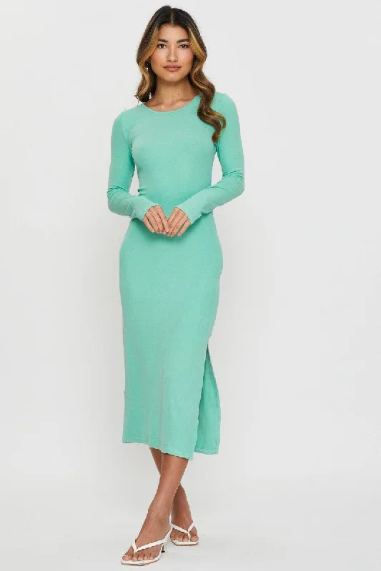 Women's Outerwear Clothing Green Midi Dress Long Sleeve