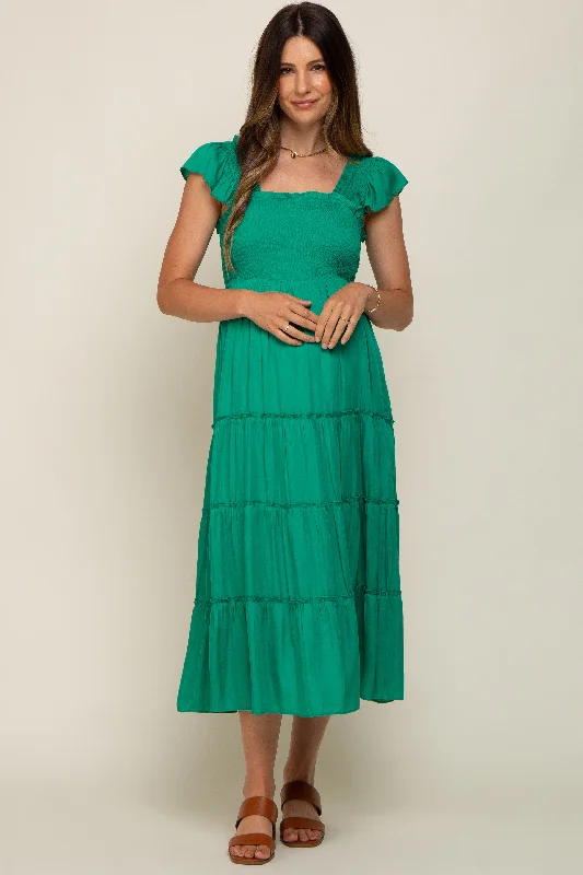 Women's Plus-Size Casual Outfit Green Satin Square Ruffle Neck Smocked Sleeveless Maternity Midi Dress