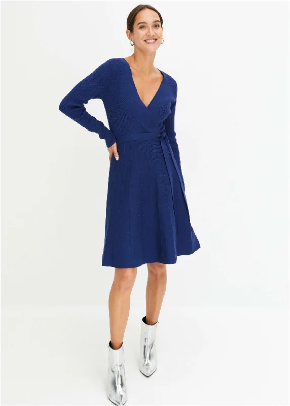 Women's Night-Out Clothes Ribbed Wrap Dress - Blue