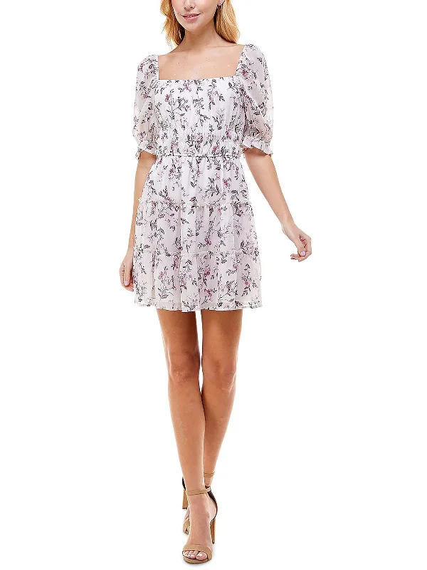 Women's Holiday Clothing Juniors Womens Floral Print Ruffled Mini Dress