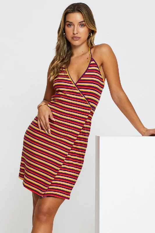 Women's Contemporary Clothing Stripe Wrap Dress Mini