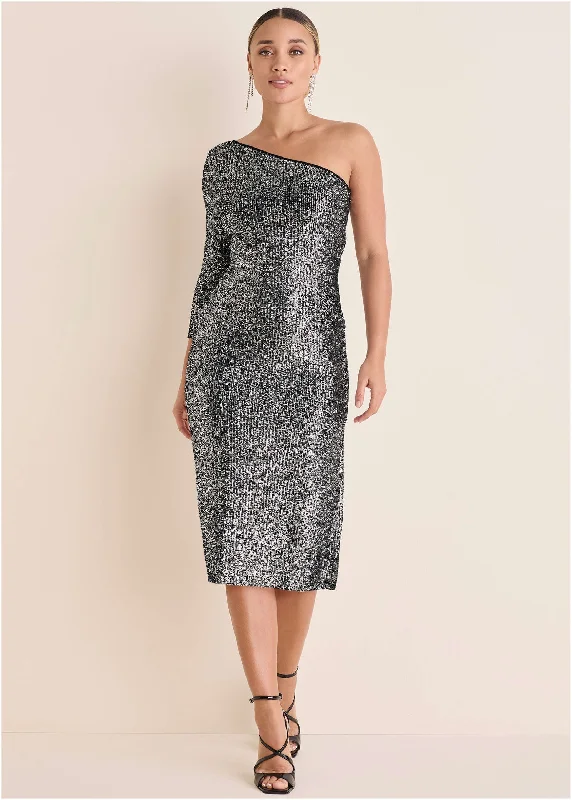 Women's Seasonal Wardrobe Clothing All Over Sequin Midi Dress - Silver