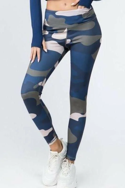 Affordable Luxury Women's Garments Blue Camouflage Print Leggings with Hidden Pocket