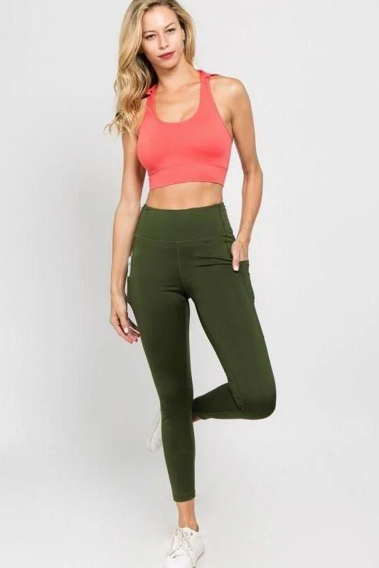 Women's Stylish Casual Garments High Waist Tech Pocket Army Green Leggings