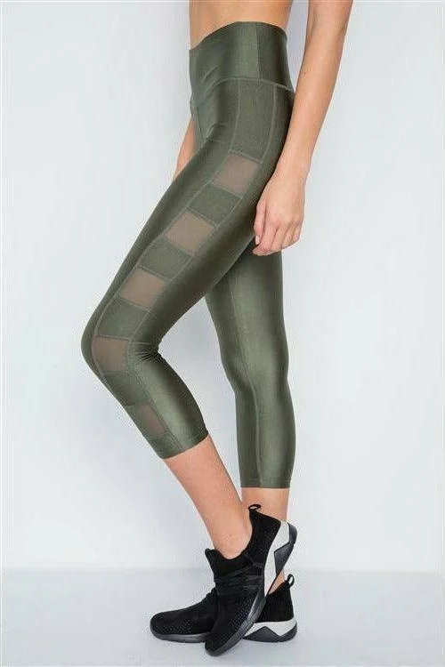 Women's Elegant Apparel Olive Phone Pocket Capri Mesh Detail Yoga Leggings