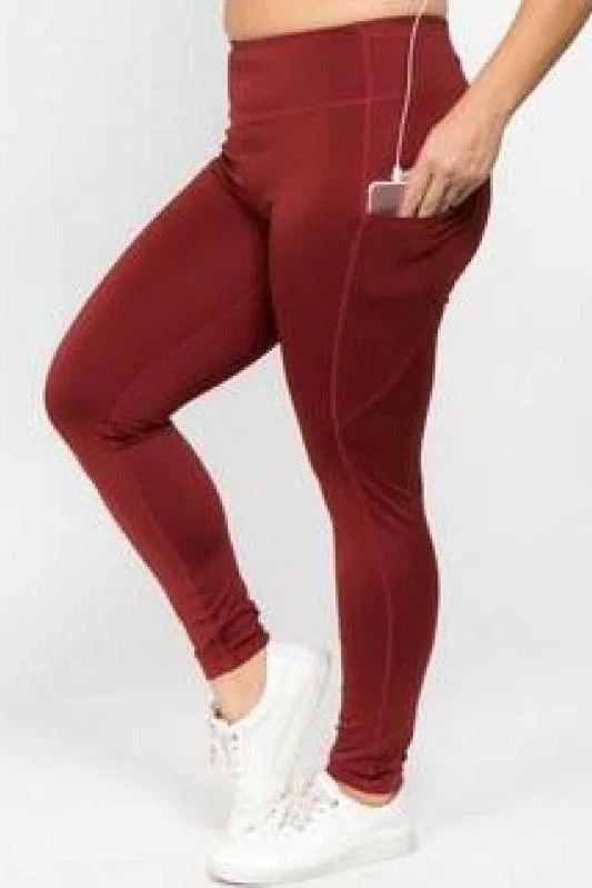 Women's Comfortable Lounge Garments Red Wine High Waist Tech Pocket Workout Leggings (Plus-Size)