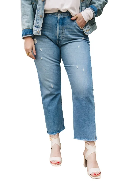 Women's Everyday Attire 501 Straight Crop Jeans In Indigo Destructed