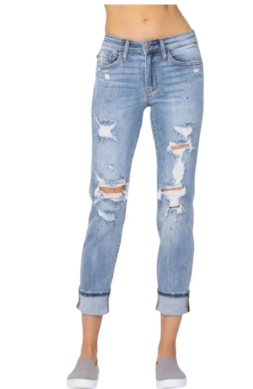 Women's Chic Outfit Paint Splash Destroyed Boyfriend Jeans In Blue Paint Speckled