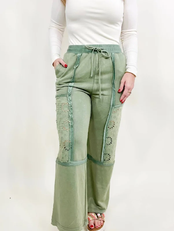 Women's Stylish Casual Garments Washed Lace Trim Pants In Green