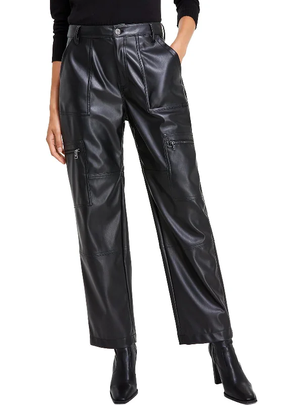 Modern Women's Apparel Womens Faux Leather Trim Zip Pockets Cargo Pants